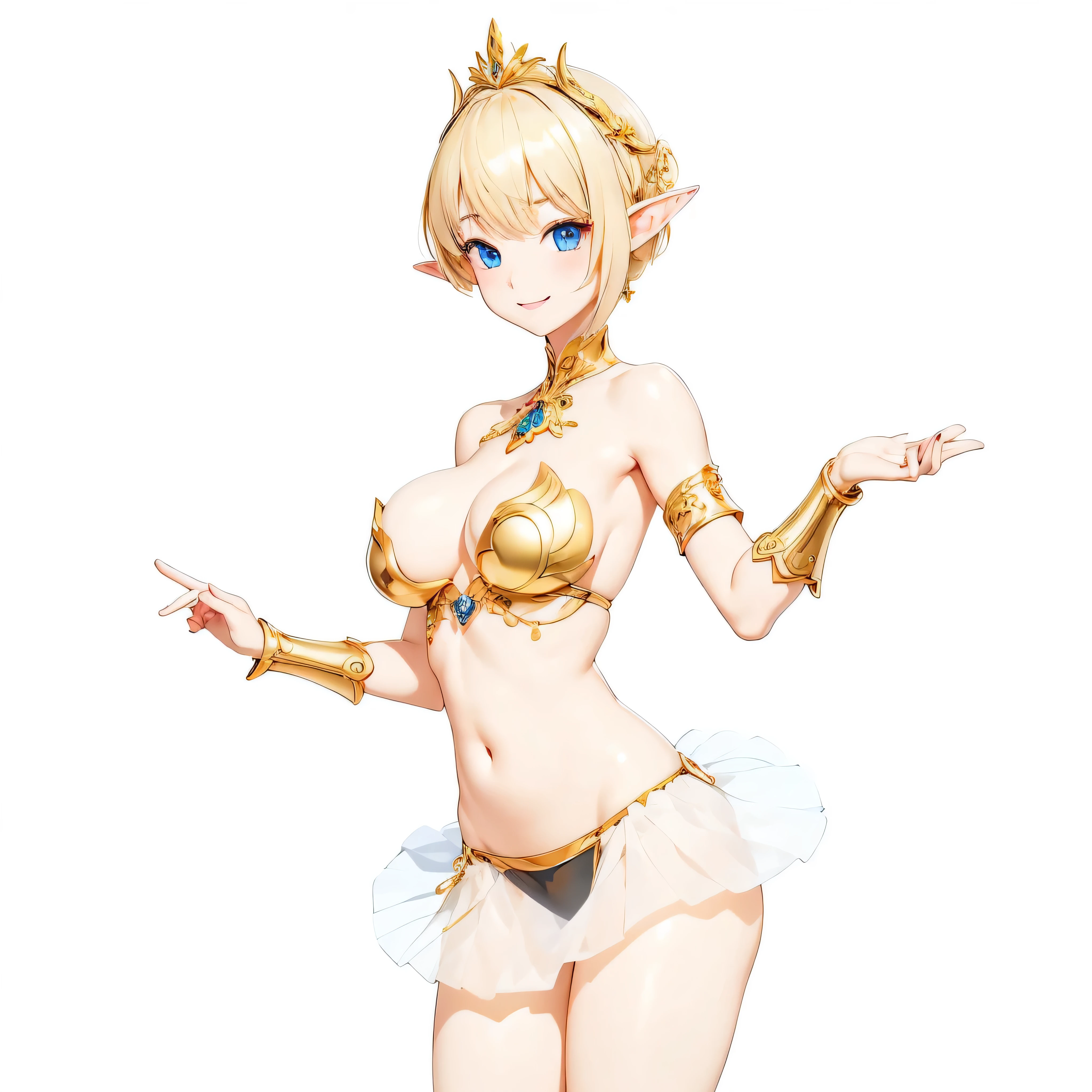 Highest quality、Very detailed、High resolution、１６ｋ、Thin contours、耳の長いElf、Nipples are visible、Shining golden armor、Gold bikini armor、Very large breasts、Extremely transparent skirt、Wearing black pants、chest proportion、Smile of the Goddess、Very white skin、Beautiful fingers、Perfect Style、Elf、No bra、Blonde hair and blue eyes、Cool smile