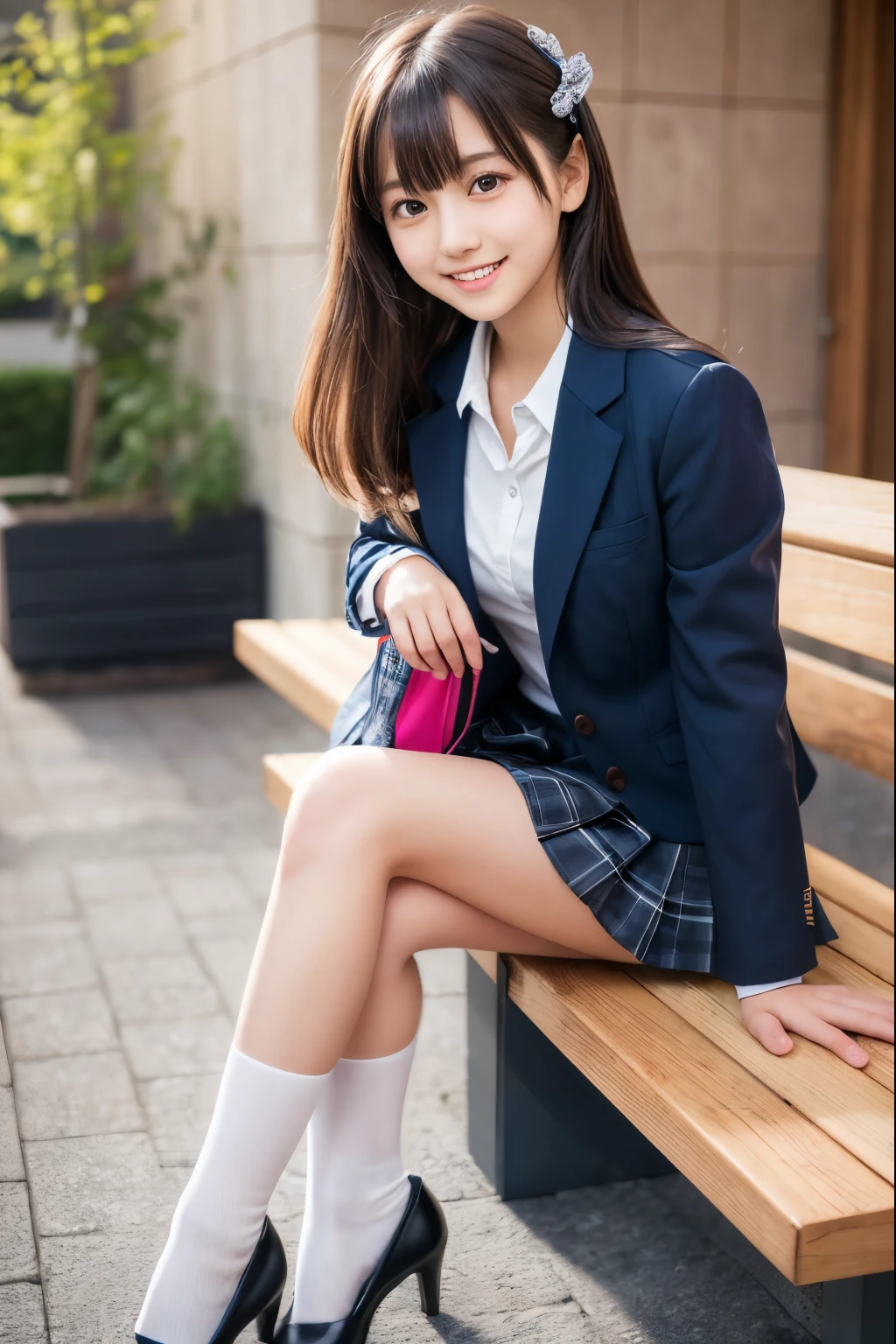 (8K), (highest quality: 1.2), (realistic), (realistic: 1.37), ultra high resolution, (1 girl), cute, smile, closed mouth, beautiful details, beautiful nose, wet hair, giant dulcefo, pork, thighs，self snap,University Student Uniform,simple blazer,pleated skirt,(The pattern of the skirt and tie is a tartan check pattern....:1.3),(sitting:1), sit on the ground,(hug your feet:1),(Purple tights),from the front,knees