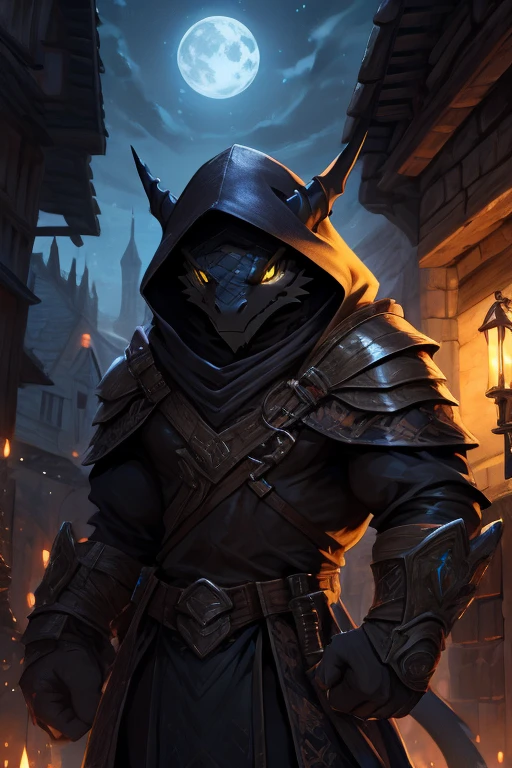 A Dragonborn Rogue with black scales and glowing yellow eyes moves stealthily through a medieval town at night.. He wears dark, tight-fitting leather clothes., with a hood that partially hides his draconic face. In one hand, he holds a sharp dagger, while the other hand is extended to silently open a window. Ao fundo, the environment is made up of narrow alleys, moss-covered stone walls and moonlight reflecting off the roof tiles. The scene is lit by soft moonlight, creating deep shadows that accentuate the atmosphere of mystery and danger.