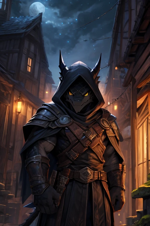 A Dragonborn Rogue with black scales and glowing yellow eyes moves stealthily through a medieval town at night.. He wears dark, tight-fitting leather clothes., with a hood that partially hides his draconic face. In one hand, he holds a sharp dagger, while the other hand is extended to silently open a window. Ao fundo, the environment is made up of narrow alleys, moss-covered stone walls and moonlight reflecting off the roof tiles. The scene is lit by soft moonlight, creating deep shadows that accentuate the atmosphere of mystery and danger.