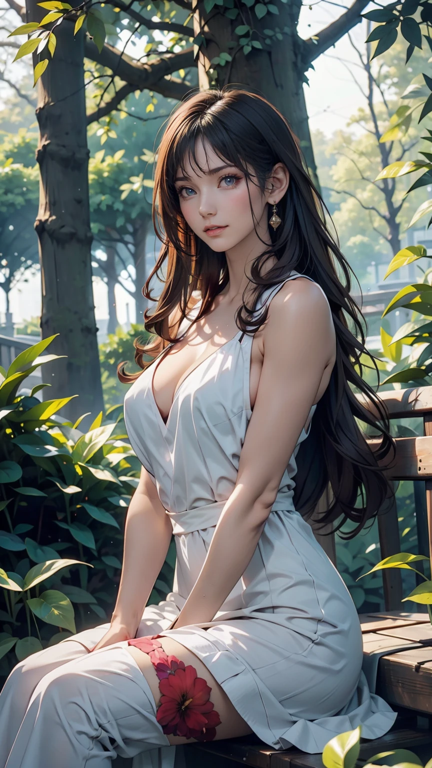 (masterpiece, Highest quality), One person(Athena_Assamese), Cute Dresses, Long black hair, Sitting, Beautiful outdoor background, night, forest