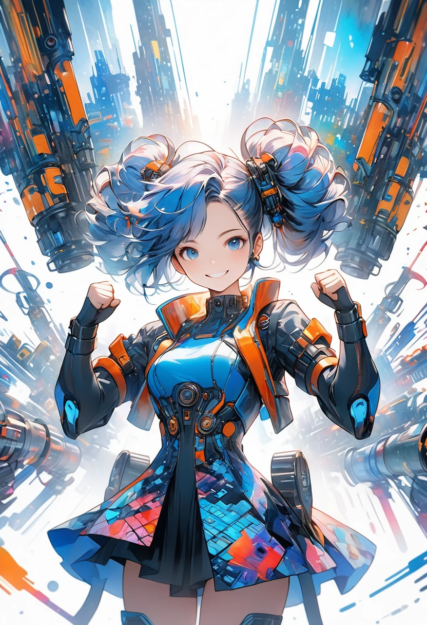 One woman,Raising fists,Smiling,Exquisite illustrations in a highly imaginative cyberpunk surrealist art style,Tubes connected to external machines, Stylish watercolor blue pattern on a white background, Brush Blur Effect,( high quality, High precision, 4K, 8k:1.5), Super detailed.Physically Based Rendering,Ultra-fine painting,Cinema Lighting, Sharp focus, Bright colors, Professional shooting resolution,Award-winning