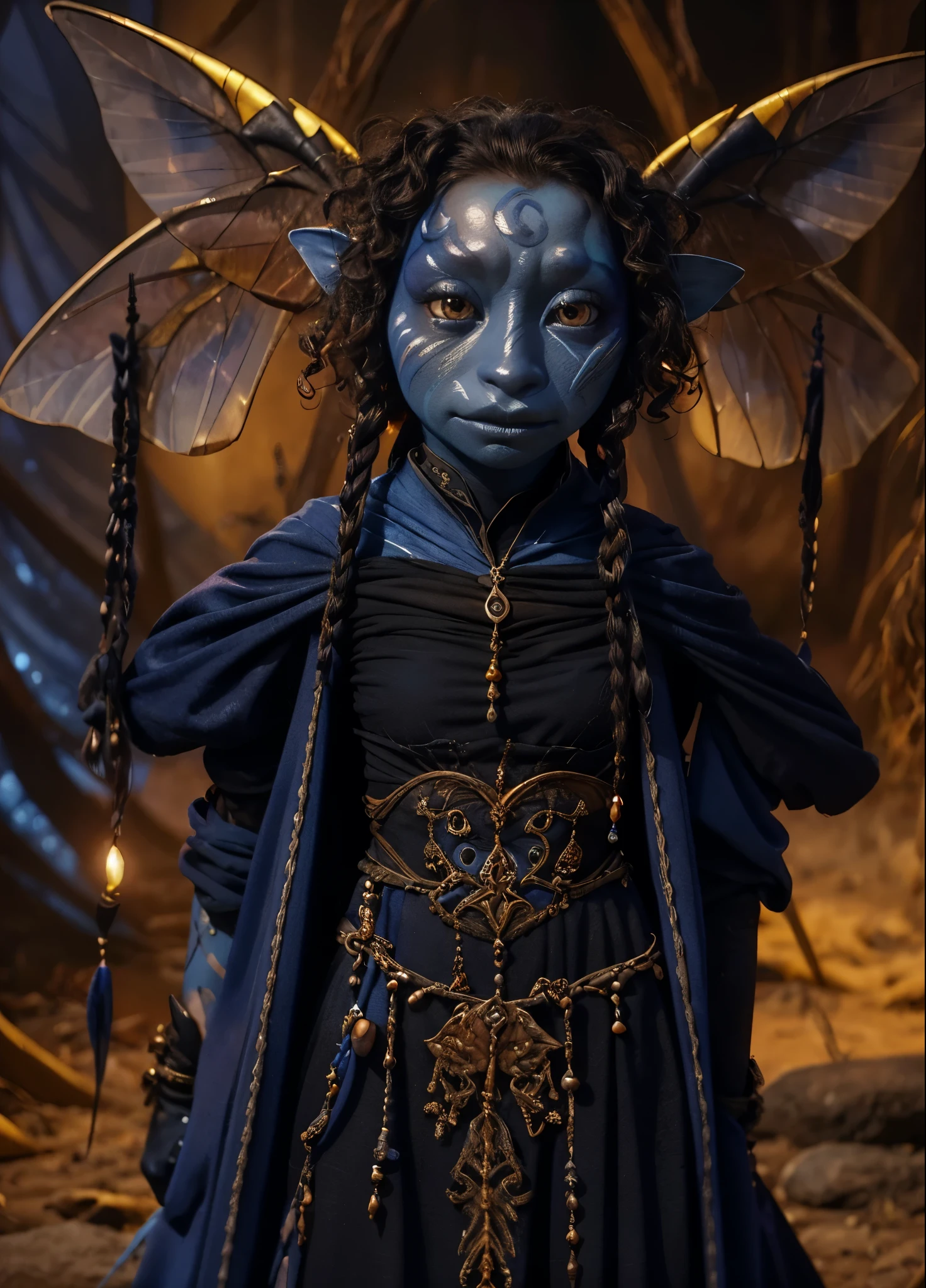 dousan, gelfling, female, dark blue and orange beaded robes decorated with jewels and bones, short curly hair with long decorated braids, desert, blue skin with lighter blue face paint, big orange eyes, jewelry, full body, insect wings coming from shoulders,