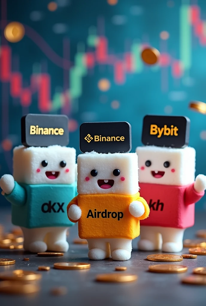White square-shaped sugar cubes, wearing a shirt that says Airdrop, Black headband with the word Binance in yellow on top, Two hands holding black boards with the words Bybit and OKX in white.