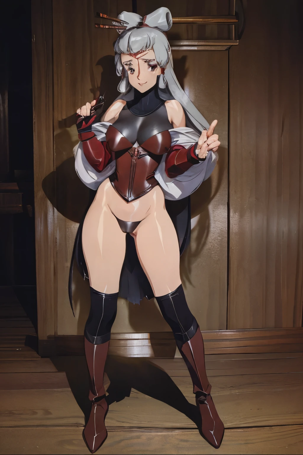 female, silver long hair, red eyes, (((1girl))), (((red leather corset))), (black fingerless opera gloves), (black thigh high heeled boots), (black leather panties), cute and sexy, full body, large breasts, large butt, long legs, smiling