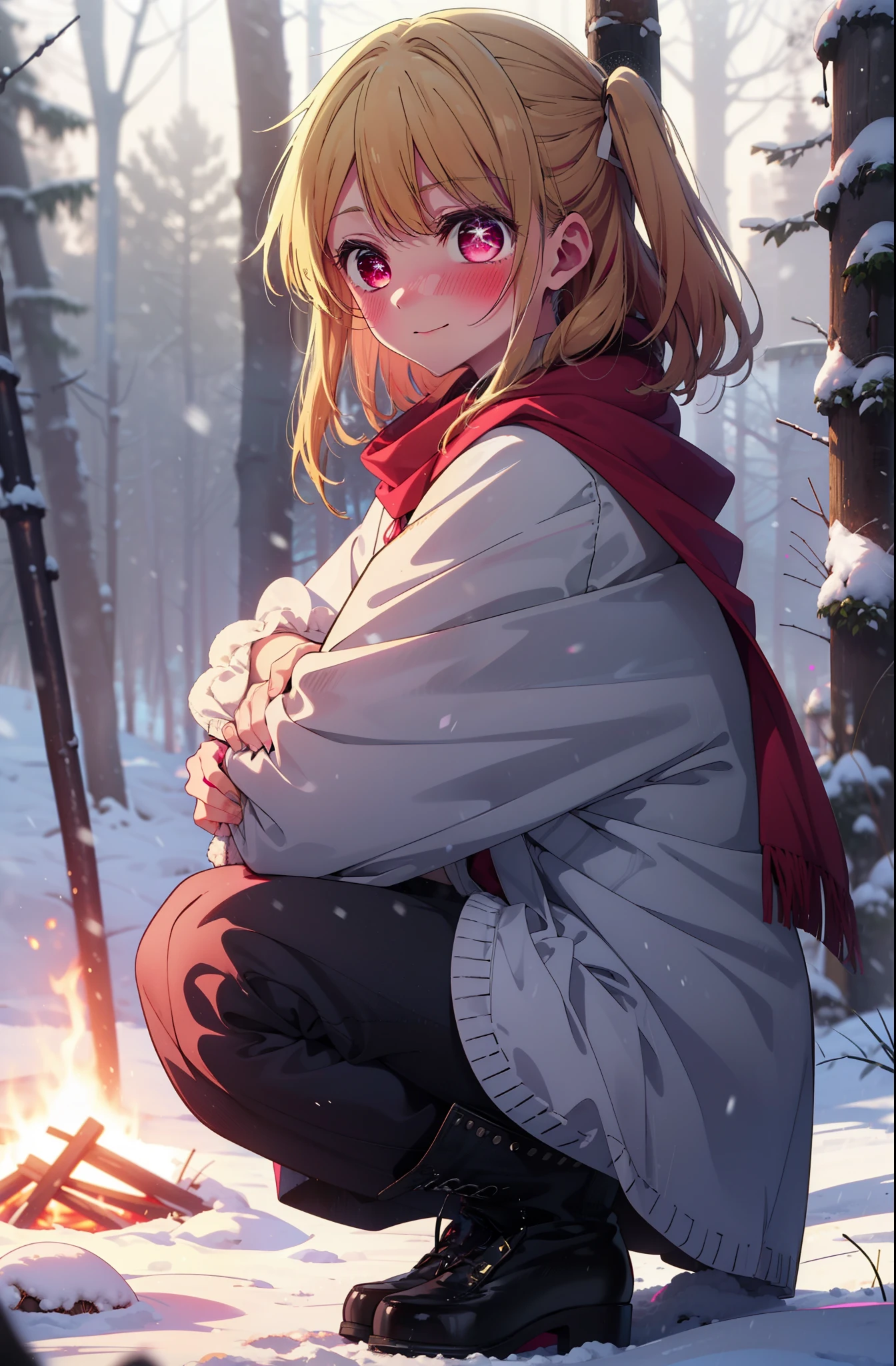 rubyhoshino, Hoshino Ruby, Long Hair, bangs, Blonde, (Pink Eyes:1.3), Side Lock, (Symbol-shaped pupil:1.5), Multicolored Hair, Two-tone hair, smile,,smile,blush,white breath,
Open your mouth,snow,Ground bonfire, Outdoor, boots, snowing, From the side, wood, suitcase, Cape, Blurred, , forest, White handbag, nature,  Squat, Mouth closed, Cape, winter, Written boundary depth, Black shoes, red Cape break looking at viewer, Upper Body, whole body, break Outdoor, forest, nature, break (masterpiece:1.2), Highest quality, High resolution, unity 8k wallpaper, (shape:0.8), (Beautiful and beautiful eyes:1.6), Highly detailed face, Perfect lighting, Highly detailed CG, (Perfect hands, Perfect Anatomy),