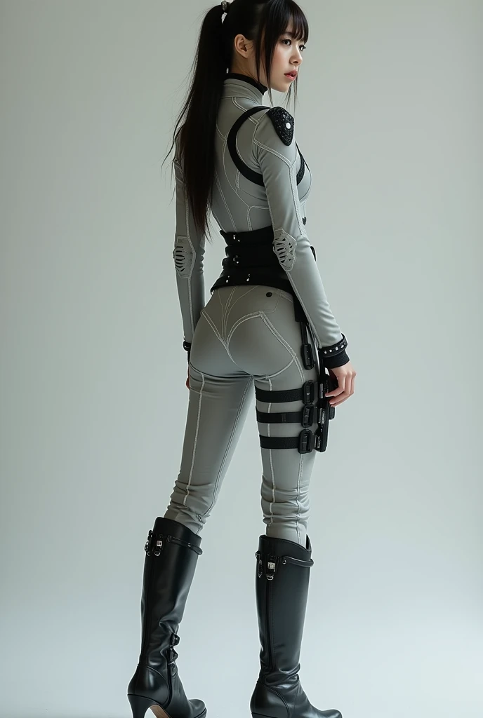 A beautiful Japanese girl wearing a gray suit, Wearing a tight suit, A beautiful Japanese woman wearing a futuristic gray suit, 滑らかなgreyタイトな服のスーツ, greyレオタードを着て, White stitching、Star Wars Imperial Agent, Female Stormtrooper, Full Body Shot, full body, The tight-fitting suit, Close-up shot from behind, grey、Black pattern、with black waist design、Black Belt、Black full harness、Long legs、Knee-high boots、