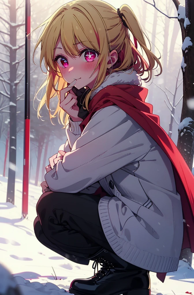 rubyhoshino, Hoshino Ruby, Long Hair, bangs, Blonde, (Pink Eyes:1.3), Side Lock, (Symbol-shaped pupil:1.5), Multicolored Hair, Two-tone hair, smile,,smile,blush,white breath,
Open your mouth,snow,Ground bonfire, Outdoor, boots, snowing, From the side, wood, suitcase, Cape, Blurred, , forest, White handbag, nature, Squat, Mouth closed, Cape, winter, Written boundary depth, Black shoes, red Cape break looking at viewer, Upper Body, whole body, break Outdoor, forest, nature, break (masterpiece:1.2), Highest quality, High resolution, unity 8k wallpaper, (shape:0.8), (Beautiful and beautiful eyes:1.6), Highly detailed face, Perfect lighting, Highly detailed CG, (Perfect hands, Perfect Anatomy),