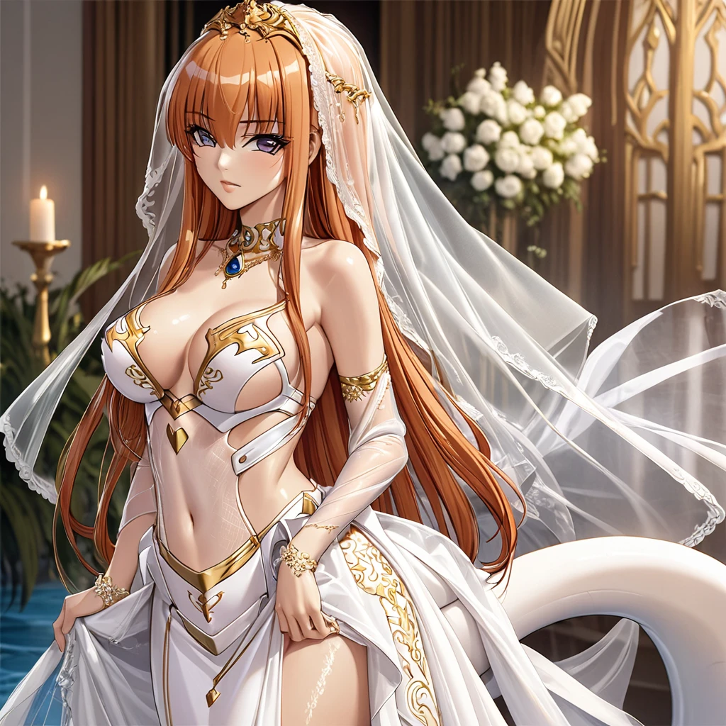 ((Highest quality)), ((masterpiece)), (detailed), (Perfect Face)、The woman is Maya Cordelia, with medium-long orange hair, wearing a mermaid-shaped white wedding dress with gorgeous gold embroidery and trim that clearly shows her body lines, a white wedding veil, and gorgeous accessories.