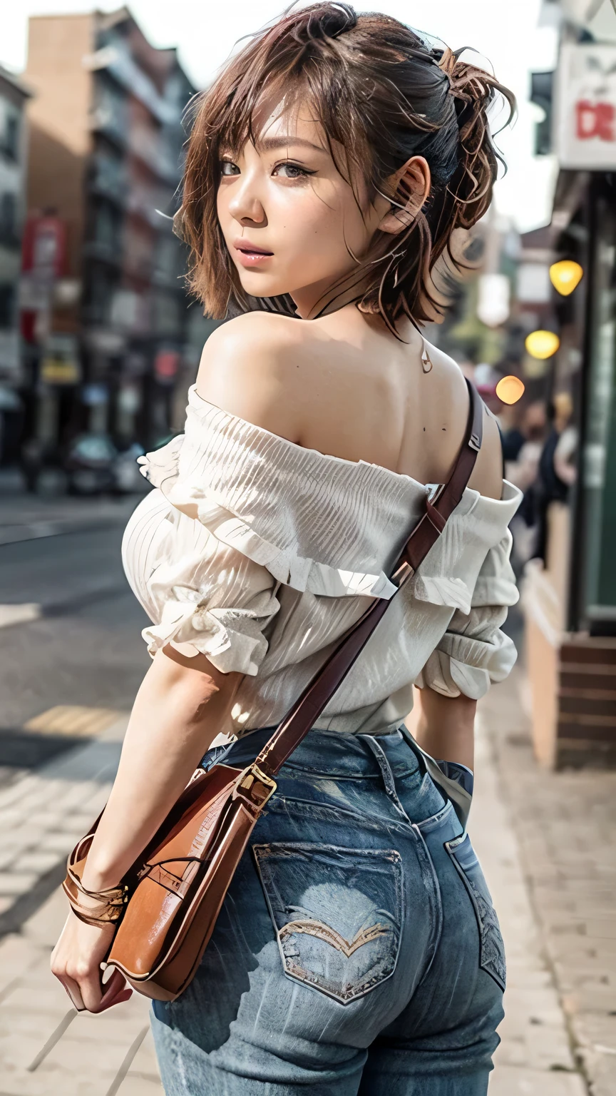 (Realistic、Like a photograph、Live Action、8k, Realistic, RAW Photos, Best image quality: 1.4), Single-lens reflex camera、RAW Photos, Highest quality, Realistic, Highly detailed CG Unity 8k wallpaper, Written boundary depth, Cinematic Light, Lens flare, Ray Tracing, Realistic background、A landmine girl waiting for reservation、((Wearing an off-shoulder white blouse:1.4)、((Wear wide pants:1.1、((The strap of the shoulder bag passes between the chest:1.5、Equipped:1.5、Vice Rush)))、Small breasts)、Cute ass)、((ultra high density skin))、 1 female,cute Japanese、standing front of train station, Waiting for someone while looking at a smartphone、The whole body is visible:1.5、Wearing sneakers:1.1、(short hair:1.2、My hair is blowing in the wind)、stylish ambiance、Very detailed and perfect costume、(White skin)、Precise and beautiful legs:1.1、View from the front、Highly detailed face