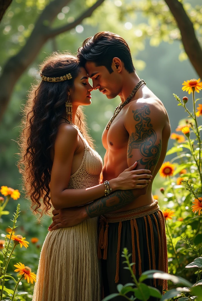 a nymph with tanned skin, green eyes and curly brown hair naked with a lush body next to her is a muscular and handsome man with dark blue eyes and jet black hair who is also naked, getting married in an indigenous wedding ceremony
