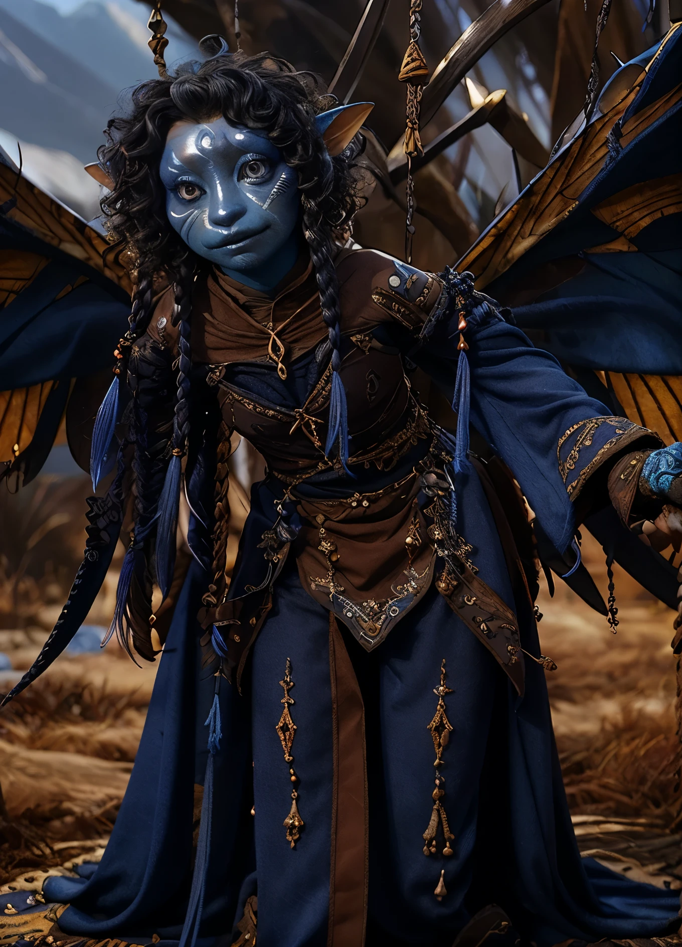 dousan, gelfling, female, dark blue and red beaded robes decorated with jewels and bones, short curly hair with long decorated braids, desert, blue skin with lighter blue face paint, big orange eyes, jewelry, full body, insect wings coming from shoulders,