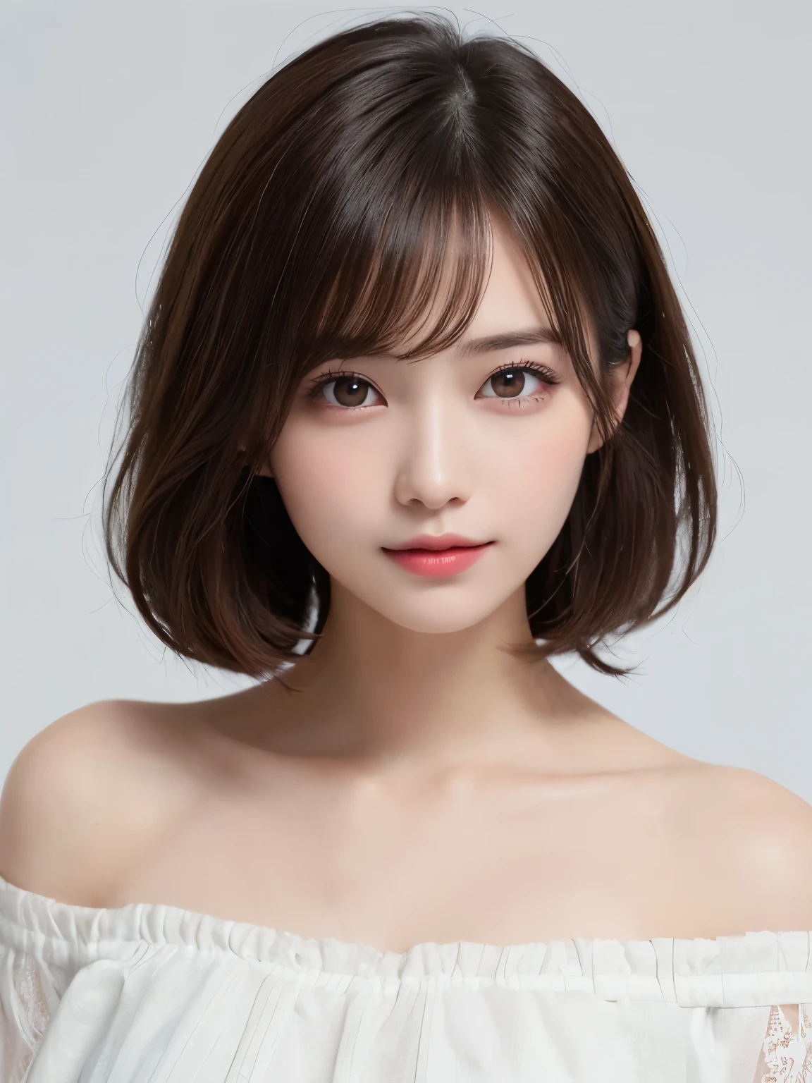 white background, half body portrait, bust shot, looks very happy, smile, one girl, (a beauty girl, delicate girl:1.3), (20 years old:1.3), break, (wear white off shoulder dress), break, very fine eyes, (symmetrical eyes:1.3), break, E cup breasts, brown eyes, parted bangs, short hair, brown hair, (eyes and faces with detailed:1.0), break, (masterpiece, best quality, ultra detailed, detailed face, 8k)