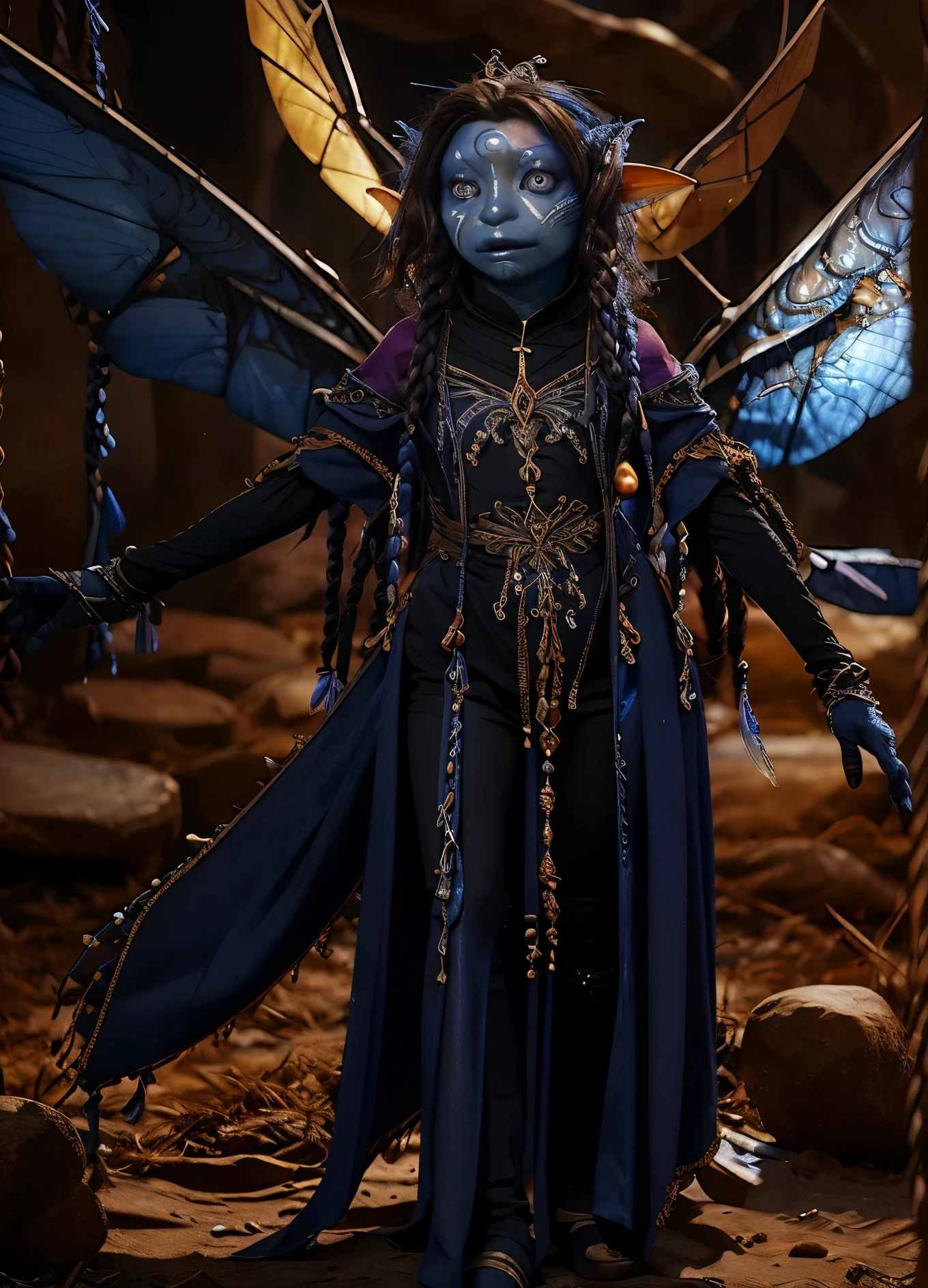 dousan, gelfling, female, dark blue and red beaded robes decorated with jewels and bones, short curly hair with long decorated braids, desert, blue skin with lighter blue face paint, big orange eyes, jewelry, full body, insect wings coming from shoulders,