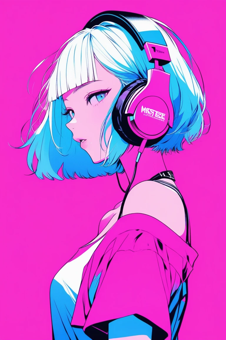 Illustrator, anime , Realistic ,sketch , 1 person, ,lip, Off-the-shoulder T-shirt, (((whole body))), order, Blue and pink gradient background, Neon Short Hair,Wear headphones, Look up, Texture Trim, Canadian, (masterpiece,Highest quality)