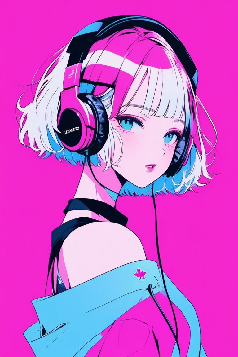 Illustrator, anime , Realistic ,sketch , 1 person, ,lip, Off-the-shoulder T-shirt, (((whole body))), order, Blue and pink gradient background, Neon Short Hair,Wear headphones, Look up, Texture Trim, Canadian, (masterpiece,Highest quality)