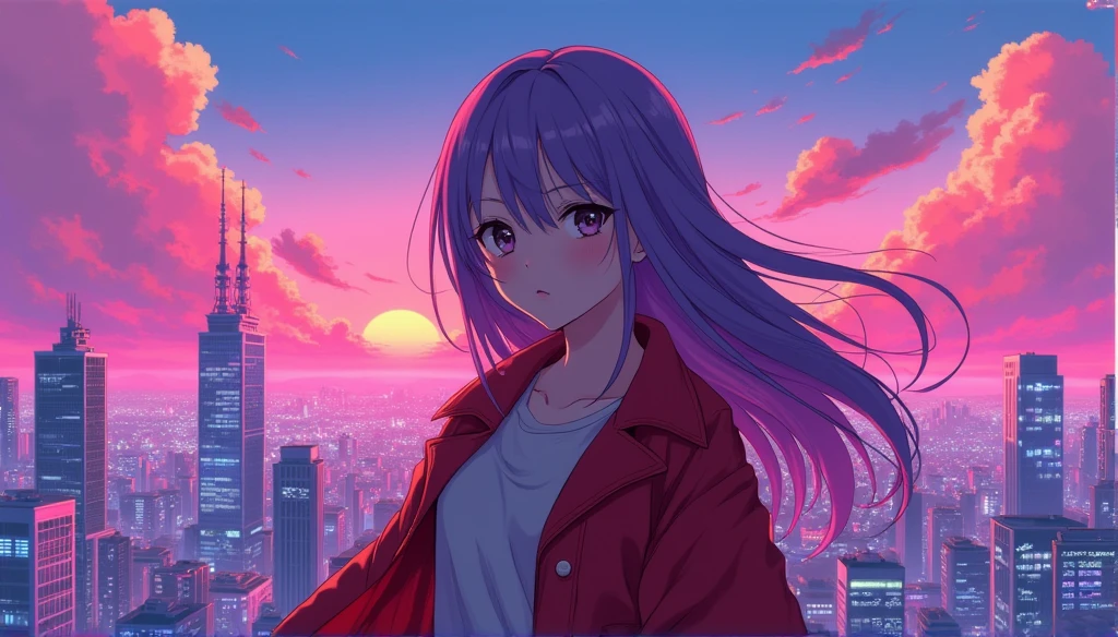 Close-up of the city with neon sunset in the background, Synthwave City, vaporwave city, Synthwave aesthetics, Neon City in the background, Background of Neo Tokyo, Neon metropolis in the background, Futuristic urban background, cyberpunk aesthetics, The city's backstory is cyberpunk, Purple Cyberpunk City, cyberpunk city background, cyberpunk aesthetics, cyberpunk atmosphere, Cyberpunk cityscape,anime clouds, Anime background, anime sky, in style of makoto shinkai, Beautiful puffy clouds. the anime, style of makoto shinkai, makoto sinkai!, beautiful anime scenery, based on Makoto Shinkai, Anime Landscape Wallpaper, makoto sinkai!!, Makoto Shinkai art style,japanaese girl,pale skin,beatiful face(purple hair)red jacket,Tokyo at night, with Cyberpunk style,Japanese streetwear,Tokyo Fashion,In a Cyberpunk 2 jacket 0 7 7,Full-length,attractive pose,Bottom view