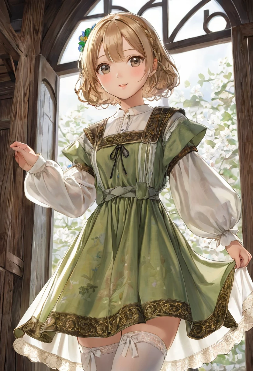 Kind Face, Medieval one-piece dress with panniers, Fabric Realism, Low Angle, Pull up the dress by hand, Strong winds, Translucent slip,White Stockings, Highest quality, Full body portrait、Very young、1people、 a realistic dress made of patterned cotton fabric、(mini skirt)、 Translucent bloomers、(Thigh)、Finland、Courtesy、indoor、Very young、Flaxen Hair、