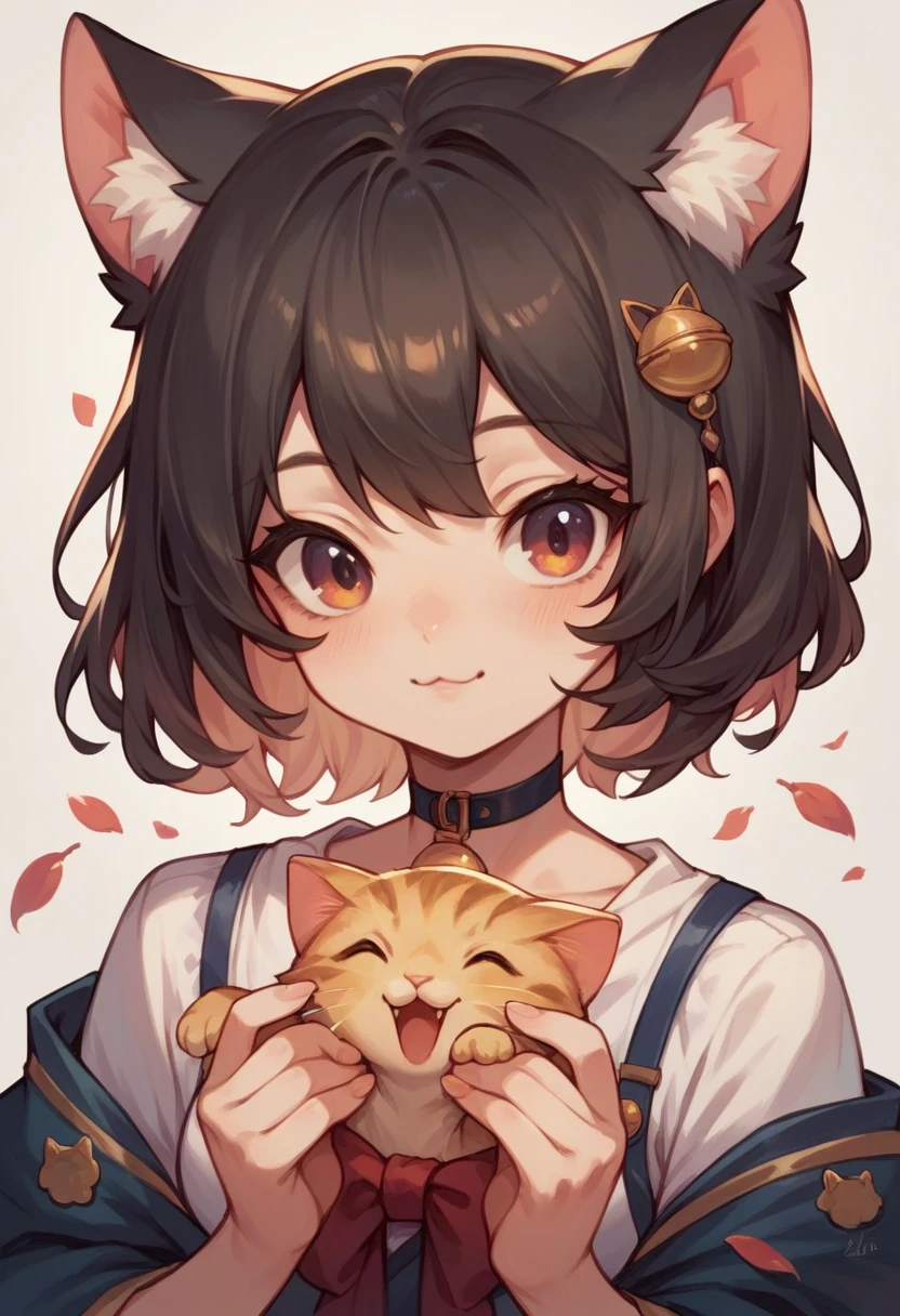A cute girl wearing beautiful clothes and playing with a cat