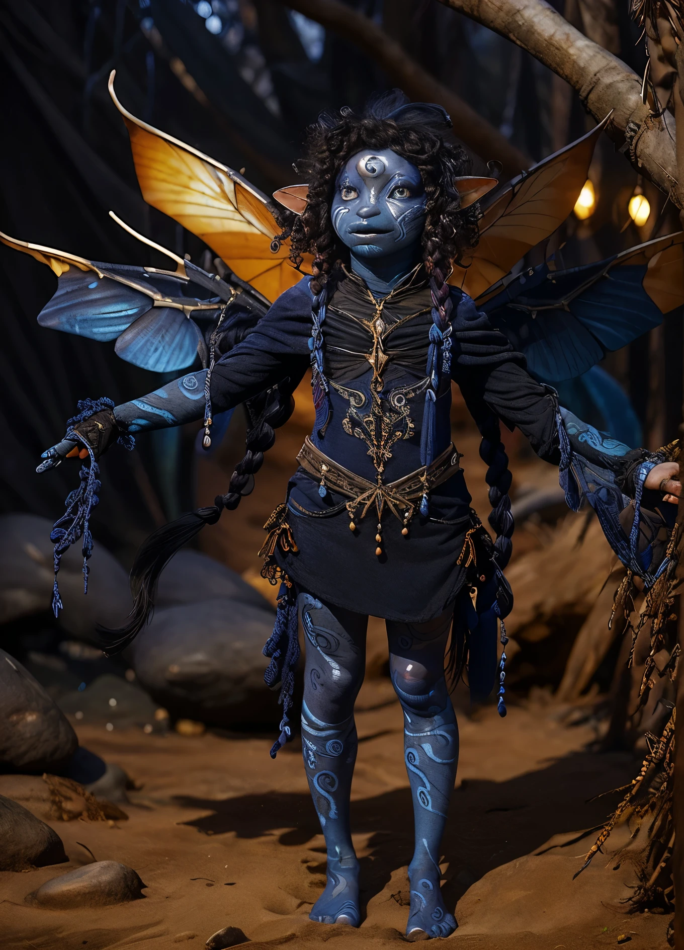 dousan, gelfling, female, dark blue and red beaded robes decorated with jewels and bones, short curly hair with long decorated braids, desert, blue skin with lighter blue face paint, big orange eyes, jewelry, full body, insect wings coming from shoulders,