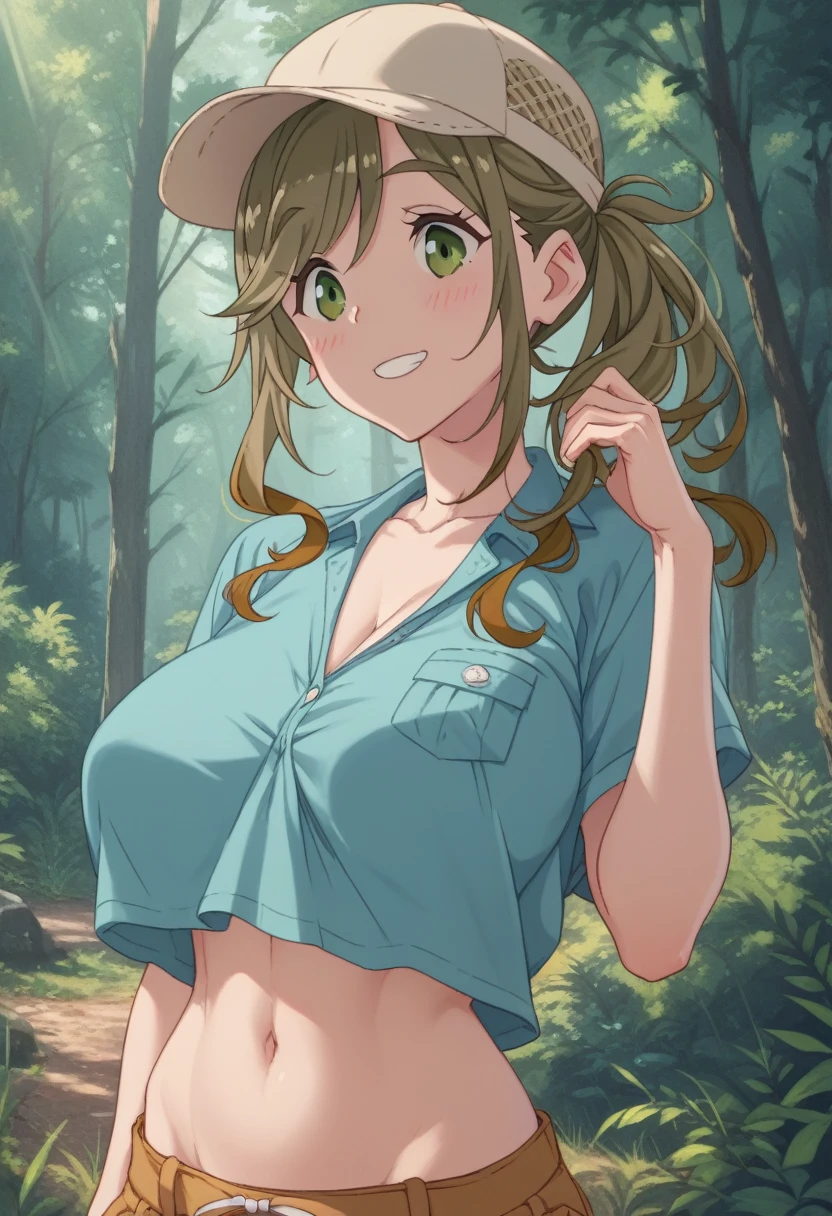 Adult slim dog girl, nsfw ((dog ears)), ((dog tail)), kneeling on her knees, extremely happy, crazy, and excited expression, beautiful detailed eyes, outside at a park (lush greenery), playful pose, (((wearing oversized shorts))), (((shirtless))), (((exposed breasts))), soft sunlight, 8k, UHD, masterpiece, vibrant colors, detailed background, fresh atmosphere, light breeze, serene environment, nature elements, bright sky