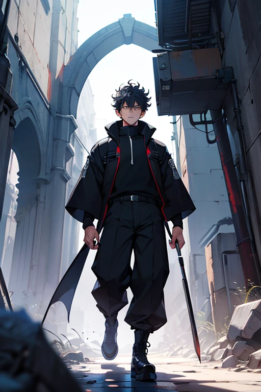 ((best qualityer)), a boy with black fleece curls, black wide-leg pants and a dark aura around him