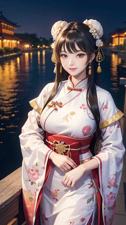 ( High resolution、 Super detailed)、masterpiece、Highest quality、High resolution、8k、Realistic skin texture、 Young and beautiful woman、Beautiful Face、Beautiful Face、Pretty lips、Ample breasts、Balanced style、Hair styled in a bright-colored round bun、Smiling eyes、Hanfu、Walking、Cowboy Shot、background、Buildings from the Tang Dynasty、The city of Chang'an during the Tang Dynasty in China、river view、Night view、Flower garden、Peach Blossom、Lantern Light、Detailed CG、