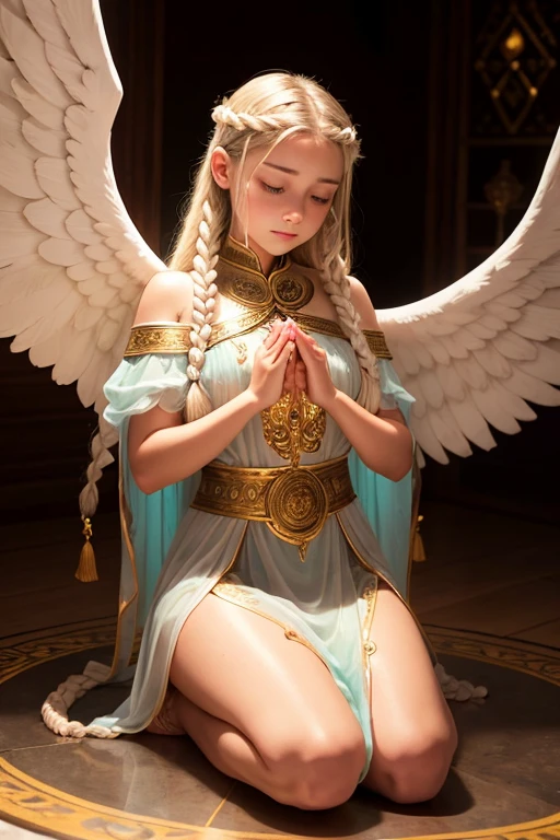 A young 15- yr old native European girl with lovely charminvg face,( skin texture masterpiece), (perfect full body detailed anatomy), (Super accessories detailed), (meditating ), (perfect detailed glowing bright eyes),(short braided illuminating jade hair),Wearing transparent costume of an angel,holding a treasure septer & shield, illuminating different lights covers the sorrounding atmosphere Has beautiful large white wings, The character solemnly praying