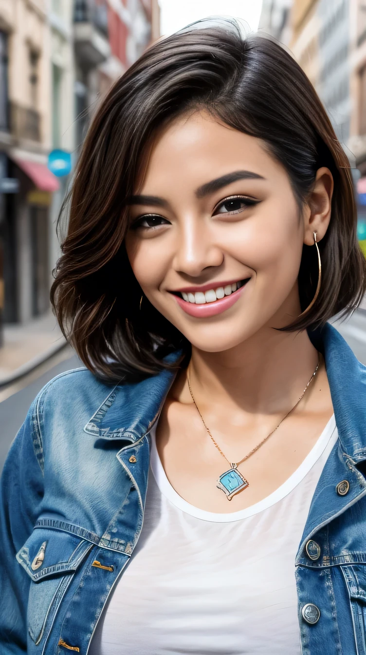 Super Resolution、beautiful Brazilian woman、、short hair、Wavy Hair、、ear piercing、necklace、Denim jacket、shirt、smile、Beautiful teeth alignment、The background is a city street