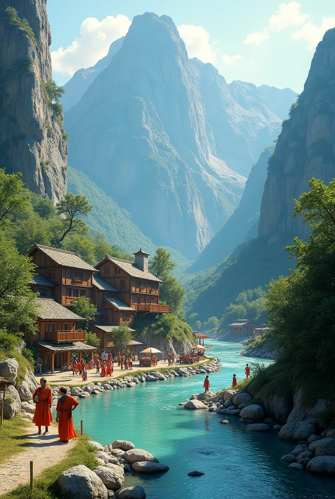A 3D render of landscape view the village at the middle of the mountain and the villager hanging around beside of River and it's on stoneworld with traditional people and village