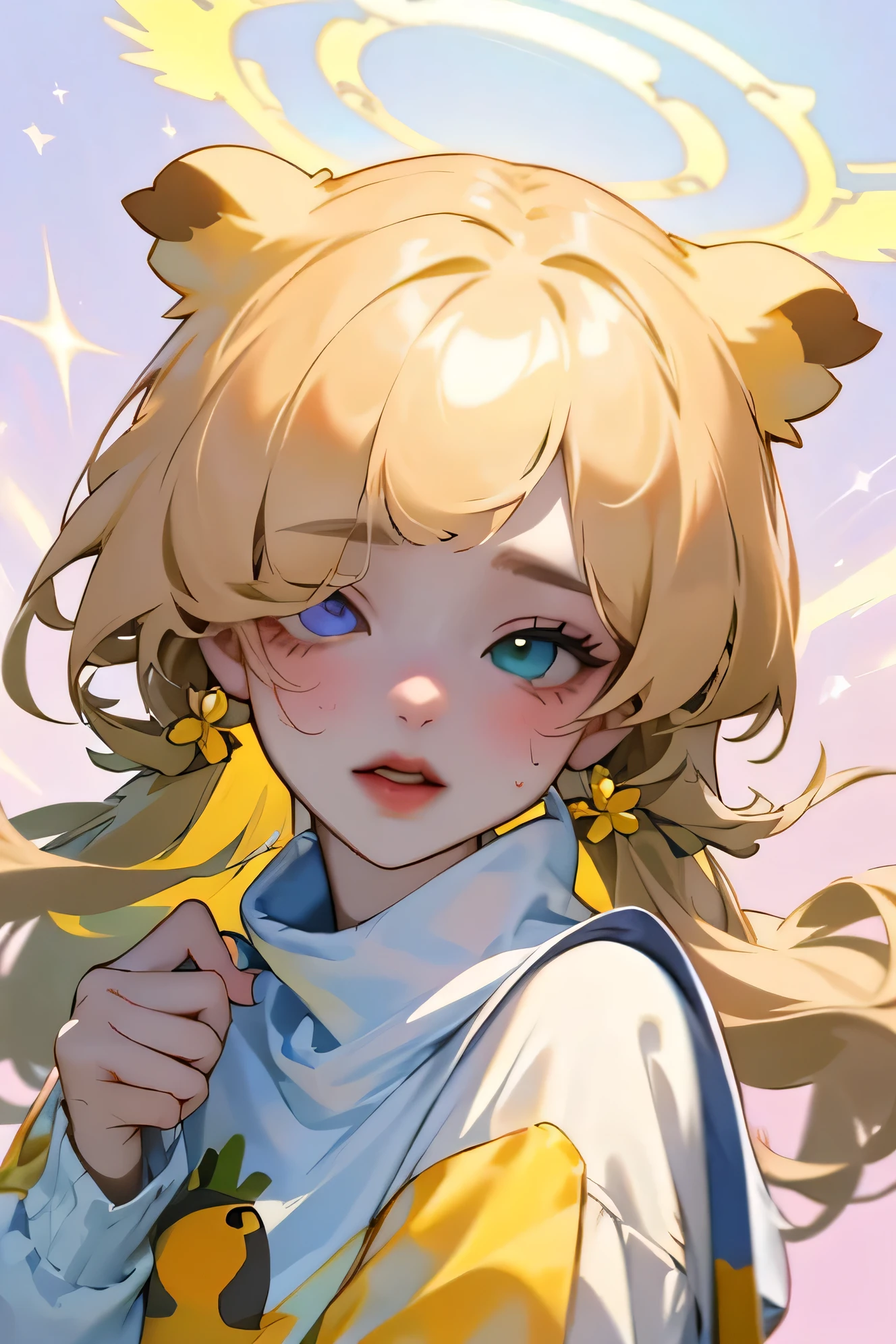 (high quality) (Best Quality) (Una Women) (correct physiognomy) (perfect students) (Perfect eyes) Women, blonde hair with bangs on the forehead, TWO cat ears growing out of his head, eyes with heterochromia dos ojos, one eye green and the other gold, sensitive lips, female appearance, soft facial features, thin eyebrows, soft skin, rosy cheeks, pink lips, silky eyelashes, dreamy expression, middle age, youth clothing, glitter sweatshirt, photo illuminated by sunlight, Women en un campo de girasoles