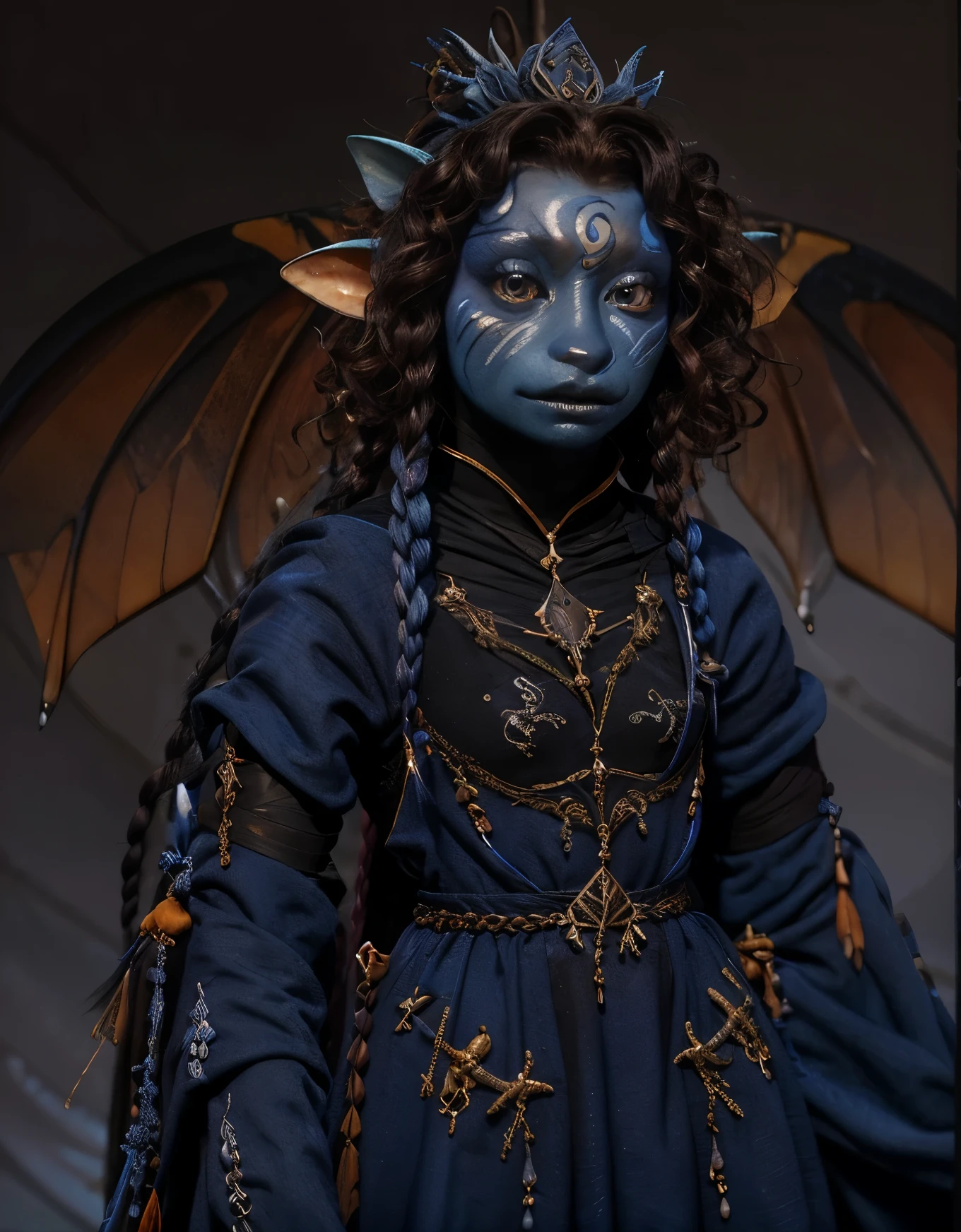 dousan, gelfling, female, dark blue and red beaded robes decorated with jewels and bones, short curly hair with long decorated braids, desert, blue skin with lighter blue face paint, big orange eyes, jewelry, insect wings coming from back