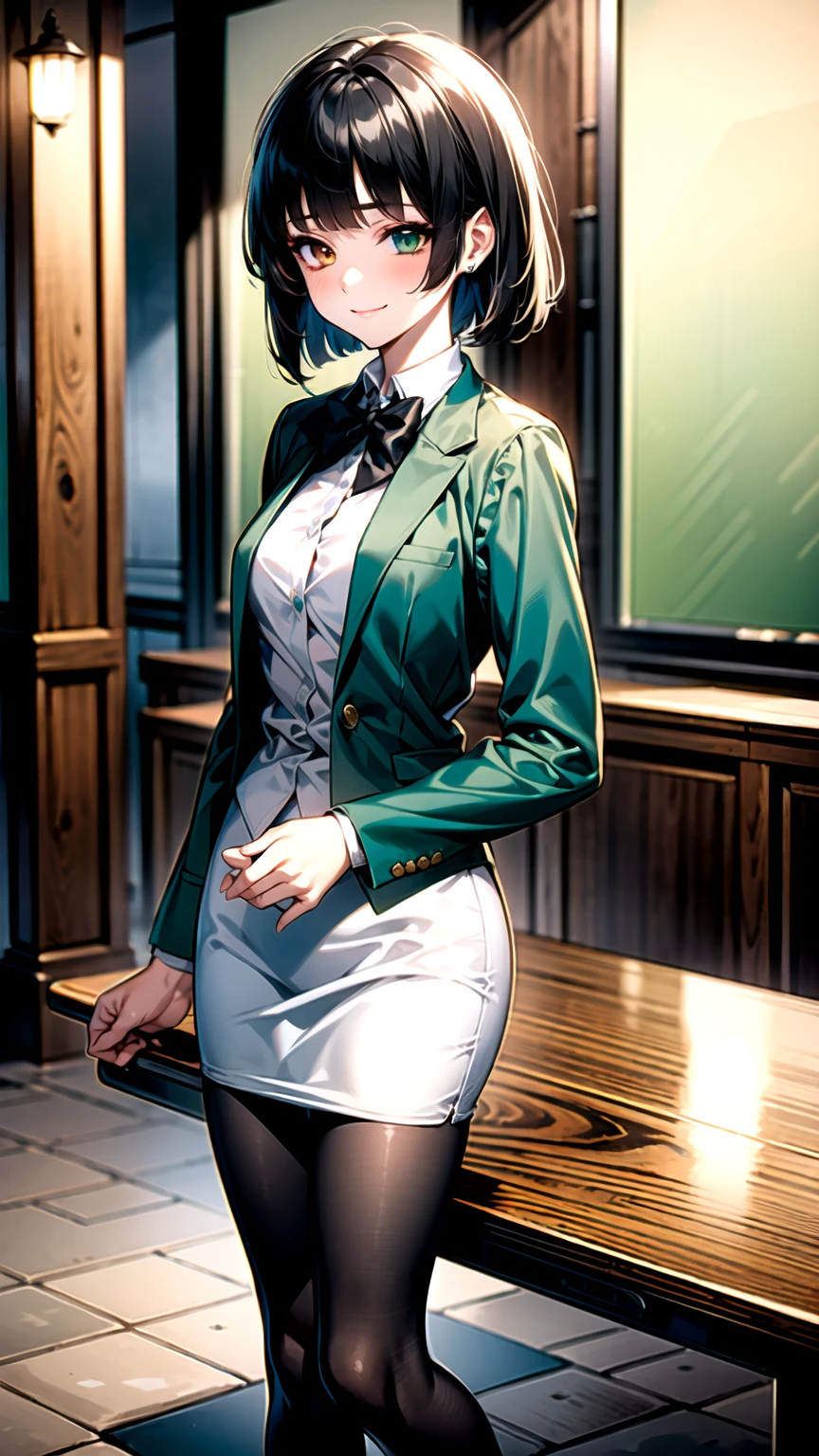 （（super high quality,Ultra-high resolution,4K,8k,super masterpiece,Ultra HD ,Detailed shading））,Full body photo,Evening Classroom,One Girl,Blue-green blazer,A white dress shirt with the first button undone,Yellow and black striped bow tie,Marigold check mini skirt,Black tights,Black Hair,Side-swept bangs,Orange and green heterochromia,Sharp eyes with raised,smile,