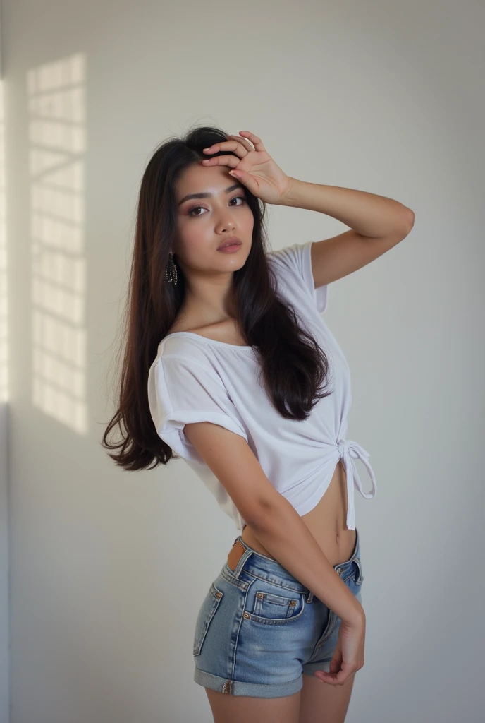 Beautiful 17 year old woman, young face in short clothes, blouse and panty, sleeveless