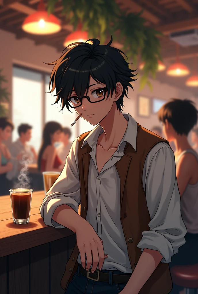 An anime boy with black hair and eyes wearing a white long sleeve and a sleeveless brown shirt with a black glasses in his hair with cigarette on his mouth and a coffee on his hand