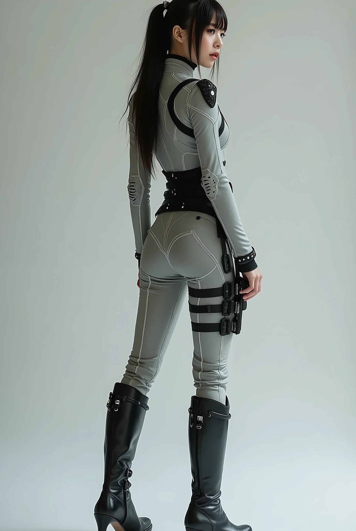 A beautiful Japanese girl wearing a gray suit, Wearing a tight suit, A beautiful Japanese woman wearing a futuristic gray suit, 滑らかなgreyタイトな服のスーツ, greyレオタードを着て, White stitching、Star Wars Imperial Agent, Female Stormtrooper, Full Body Shot, full body, The tight-fitting suit, Close-up shot from behind, grey、Black pattern、with black waist design、Black Belt、Black full harness、Long legs、Knee-high boots、