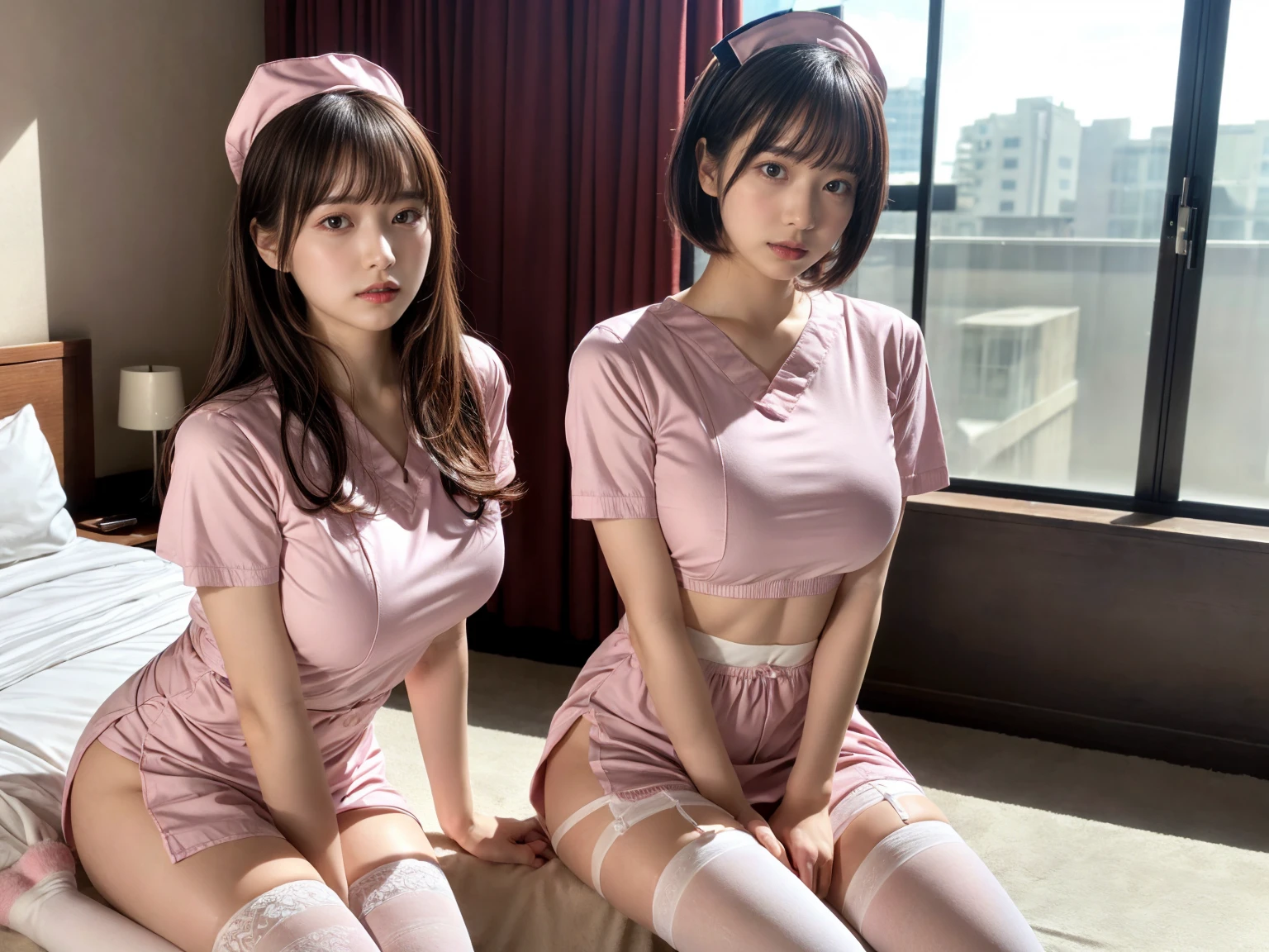 masterpiece, best quality, illustration, Super detailed, fine details, High resolution, 8K,wall paper, perfect dynamic composition,(Details High quality, realistic depiction of eyes:1.3), (3 girls), ((nurse cap, short sleeves, light pink nurse wear, ((white legwear, zettai ryouiki)))), sitting, open legs, short bob hair, in a hotel room in the background, deep on field, large breasts, black hair color, Big Natural Color Lip, (perfect body shape), crying a little、Harajuku style、20 year old girl、cute type、beautiful legs, Gravure Idol