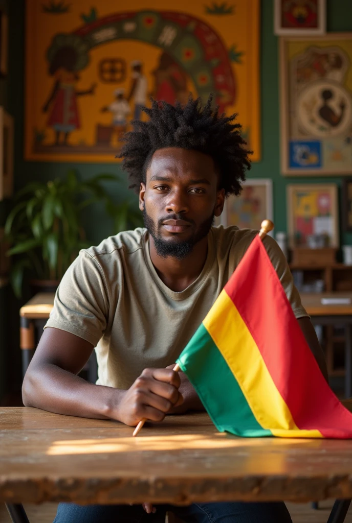 Un jeune homme noir assis sur une table entrain de tenir à la main le drapeau de la république du Congo