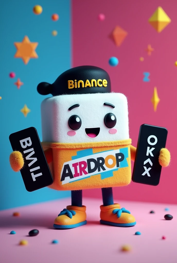 White square sugar cube drawing, wearing a shirt that says Airdrop, Black headband with the word Binance in yellow on top, Two hands holding black boards with the words Bybit and OKX in white.