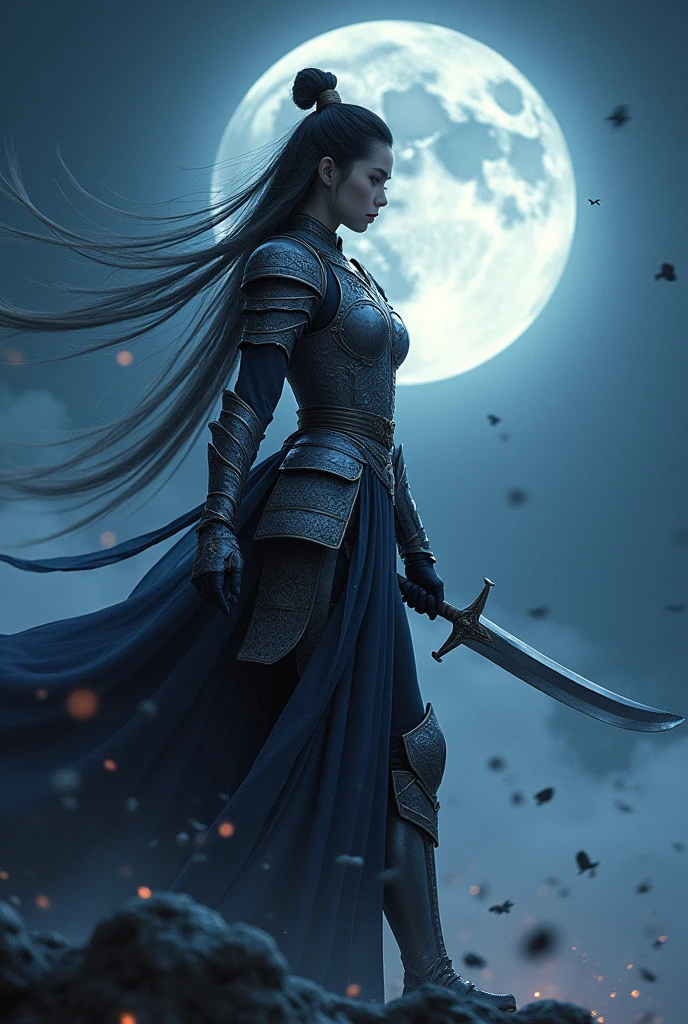 In a dramatic animation and illustration inspired by the ancient Hua Mulan's service in the army on her father's behalf, a 20-year-old female military attache stands proudly, embodying the spirit of patriotism. She wears gorgeous metal armor, which sparkles in the moonlight. When she wields the gleaming long knife, her whole body shows super powerful force and shock power because of its strong force. Intricately detailed, she practices her sword-wielding skills against a moonlit backdrop. Her eyes are sharp and full of murderous intent, because the enemy has killed all her family members, and the country hates the family feud (so that the audience can feel it), penetrating the darkness, exuding powerful strength and determination to die. This ink style masterpiece shows an object that is intensely written, bathed in an ethereal light, but her mind is still in the battle of the next day. Official art, ink plus ink and realistic style, super masterpiece.