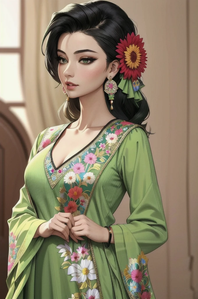 ((Masterpiece, best quality,edgQuality))
edgMeso, a woman in a green dress with flowers on it ,wearing edgMeso clothing
 jhumka earrings 