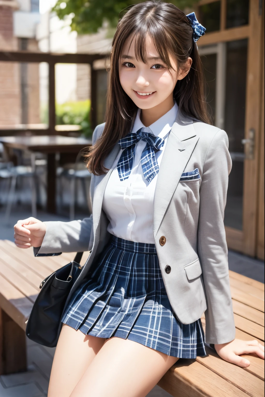1 young girl,very cute and beautiful japanese teen actress,highly detailed beautiful face,looking at viewer,smile,happy, blazer school uniform,ribbon,pleated plaid mini skirt,detailed legs,hair accessory,holding school bag, school courtyard,sitting on bench, solo,real person,photorealistic,8k,raw photo,