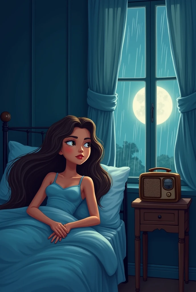 A woman lying in bed looking towards the window, In a nearly cartoonish image, on a small table an old radio, and in the window you can see the moon and some rain, that the atmosphere of the scene breathes the nostalgia and sadness of a melancholic salsa song