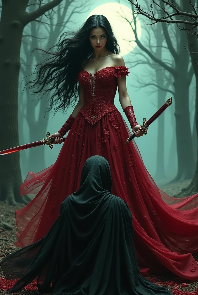 18yo, Vampire queen, Prague castle behind her, wearing a gothic female dress, attractive body and face. 1female 2male, two male vampire soldiers wearing hoods and armour with their red eyes shining through the darkness, dark clouds, and river filled with blood, swords, HQ, high detail,