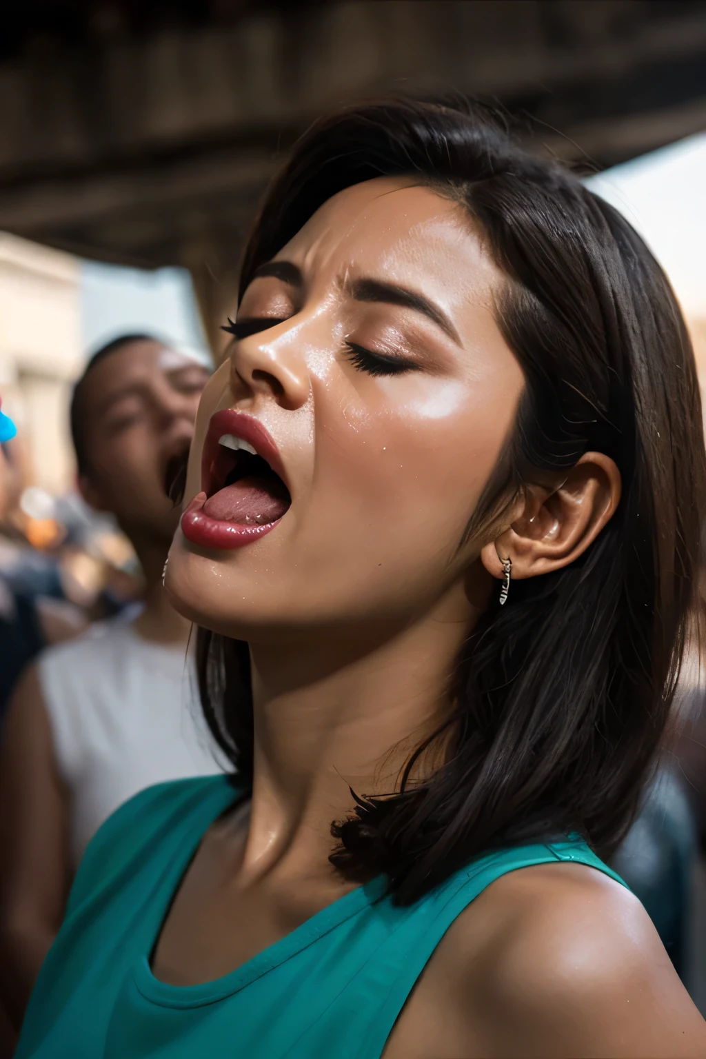 Flying debris,Award-winning photo, Very detailed, Edge Orgasm, Woman with open mouth and closed eyes , Sweaty skin、Lighting that highlights shiny sweat{{{Spread the word }}}, Black Hair、Browsing Caution,{{{{Crowd of elderly male spectators,Surrounded by men,}}}},(length, Narrow nostrils)、Raise your arms behind your head,