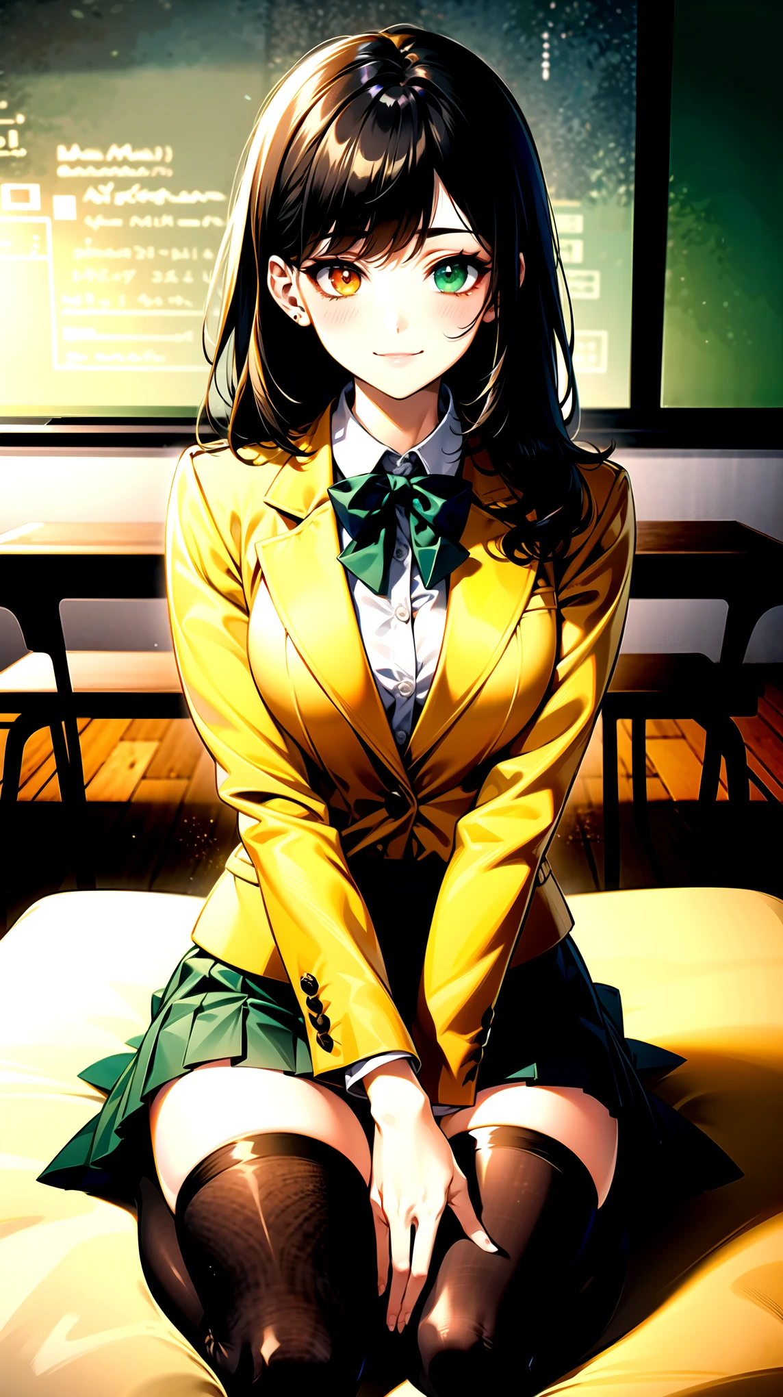 ((super high quality,Ultra-high resolution,4K,8k,super masterpiece,Ultra HD ,Detailed shading)),Full body photo,Evening Classroom,One Girl,Blue-green blazer,White dress shirt,Unbutton the collar,Yellow and black striped bow tie,Marigold check mini skirt,Black tights,Long Black Hair,Side-swept bangs,Orange and green heterochromia,Sharp eyes with raised,smile,