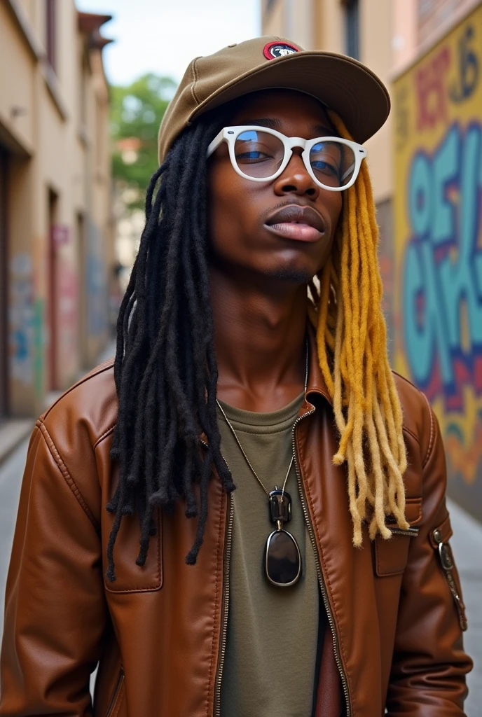 marcola young man of 24 years old brown with dreads tied making a medium-sized ponytail half of the hair black half blond round white kurt cobain glasses wears a cap with the dreads coming out behind him and a brown leather jacket no beard and with half-closed eyes of a stoner without a beard