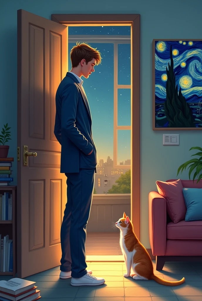 I need you to create a very special painting or illustration, For my best friend, his cat passed away so I want him to come in his room, he studies nursing with a navy blue clinical suit, he has a painting of the starry night stuck on, he is slim, tall and brown hair almost blonde, his kitten always welcomed him, his cat is orange with white, I need it to be tender for a memory