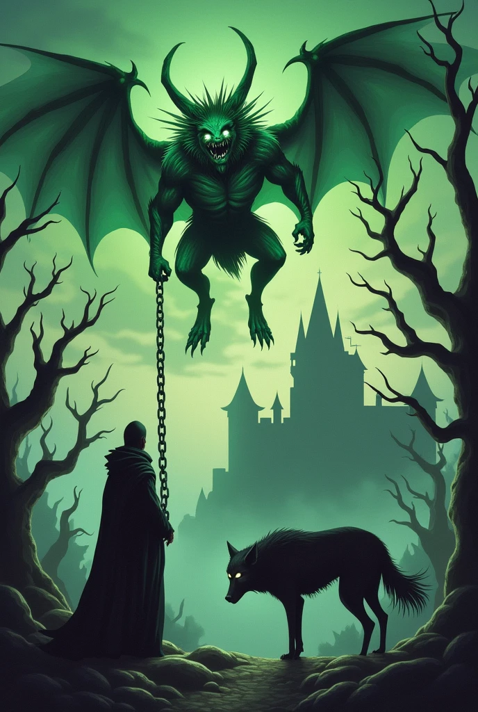 A ghastly green demon flying with chains over dry trees, with an owl in a tree in the background, a large castle and a macabre monk observing it with a large wolf.