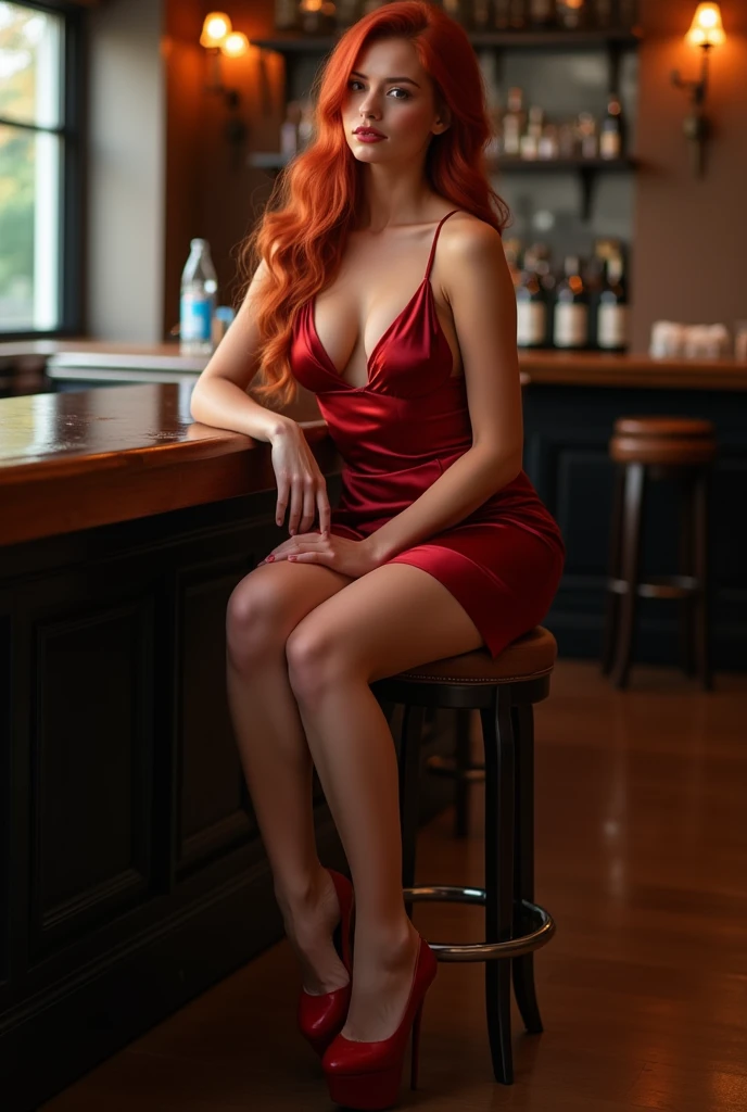 (whole body shot:1.7) Realistic images (Sitting:1.7) Surrealism, photography, Long red hair, Miss, 24 years old, Hourglass figure, Perfect body, Flirty look, Natural medium breasts, Blurred Background, Wearing a silk dress, Sitting on a stool at the club bar, She sat cross-legged, She is wearing elegant red high heels, She has beautiful legs, She has long legs, whole body, whole body shot, whole body photo, Wide Angle, Wide Angle shot